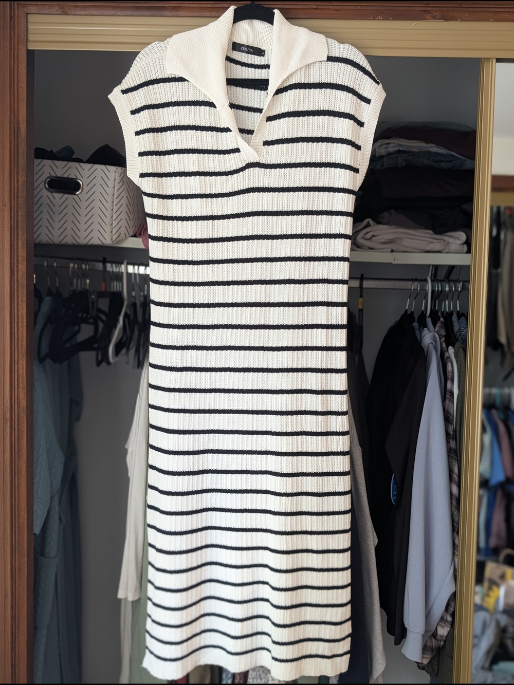 Cap-sleeve White & Black Striped Knit Dress